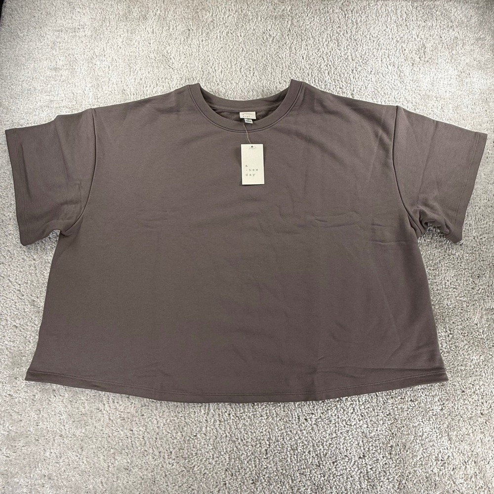 A New Day Womens 2X Short Sleeve Sweatshirt Taupe Brown Crew Neck French Terry